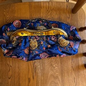 Vintage Embroidered Navy Floral Clutch with Gold Frame